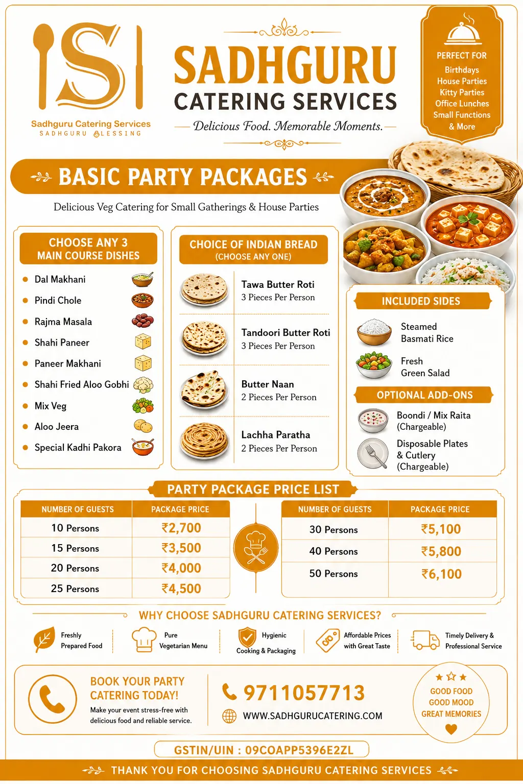 Sadhguru Catering Services Basic Party Packages for House Parties, Birthday Catering, Veg Catering Menu, Small Event Food Catering, Affordable Party Catering Services
