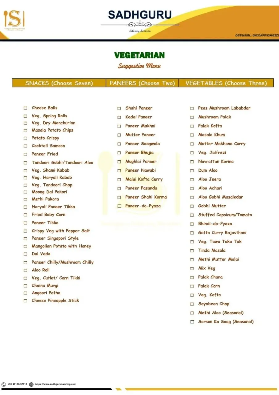 Sadhguru Catering Services Wedding Menu