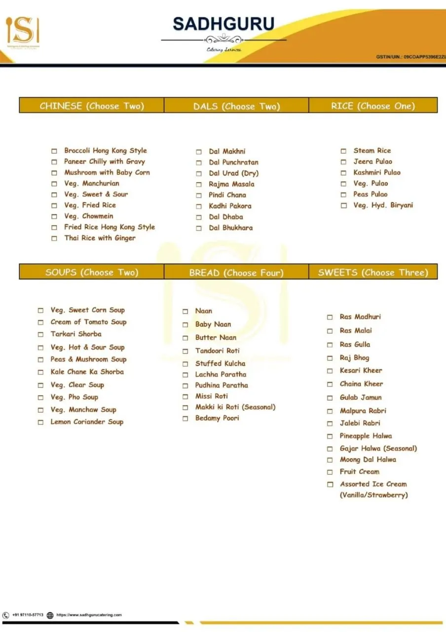 Sadhguru Catering Services Wedding Menu