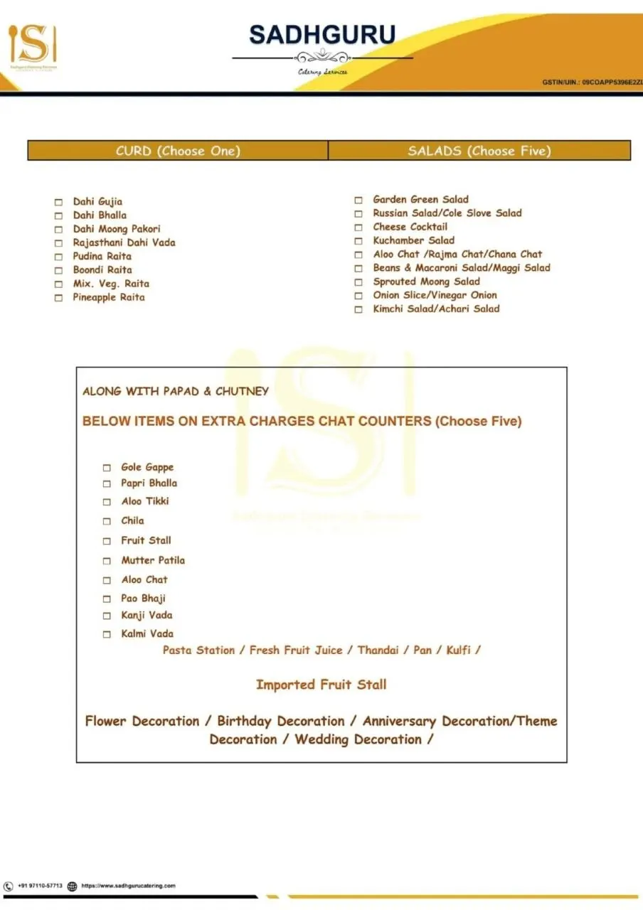 Sadhguru Catering Services Wedding Menu